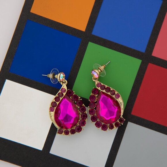 Statement Teardrop Earrings | Fuchsia Crystal Dangle | Gold Tone Glam - Picture 7 of 7
